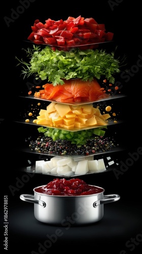 Layers of fresh ingredients stacked above a pot with sauce on a dark background