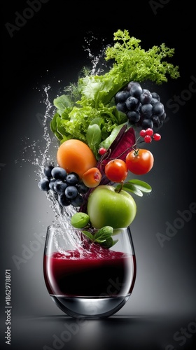 Fresh fruits and vegetables splash into a glass with juice on a dark background during daylight