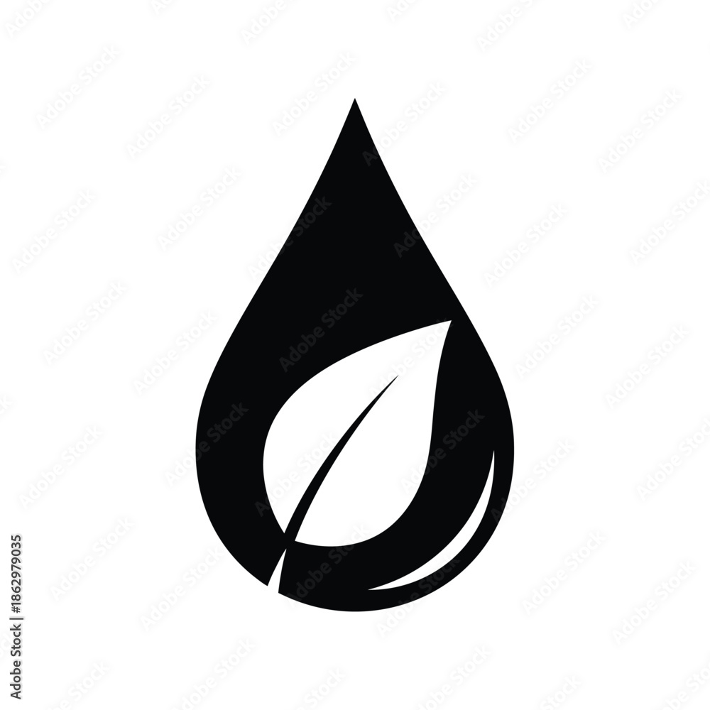 Fototapeta premium Black silhouette of water drop with white leaf inside