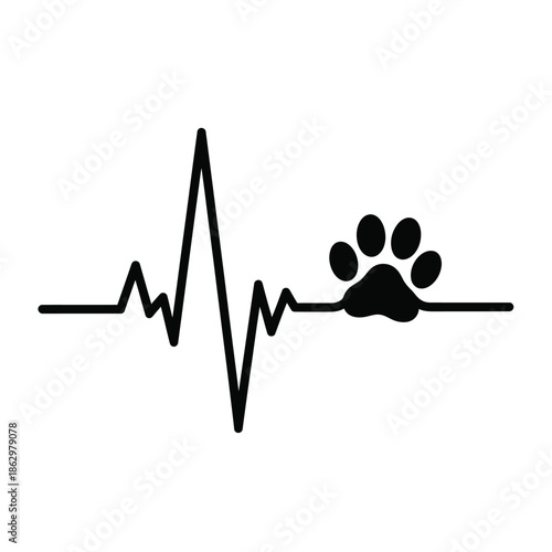 Black silhouette paw print on an electrocardiogram line