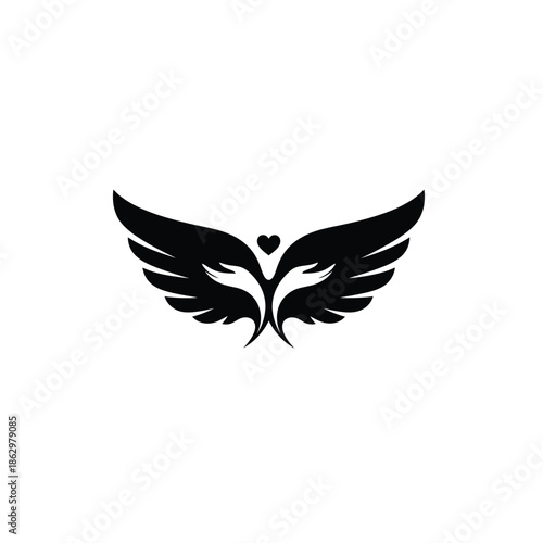 Black silhouette of wings with heart white