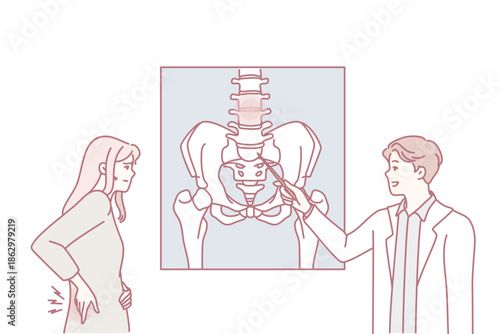 Male doctor show health problem on image to female patient. Man GP or therapist point at body part on scan to woman client in hospital. Vector illustration.