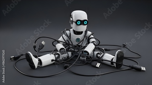 Frustrated robot tangled in charging cables technology problem concept