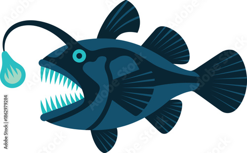 A stylized illustration of an anglerfish with its bioluminescent lure visible