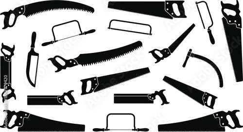Black hand saw and cutting tool silhouettes set isolated on white background, woodworking carpentry equipment icons vector collection design