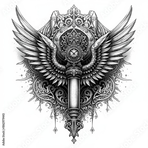 Vintage heraldic shield with majestic wings and a winged lion in a classic emblem style