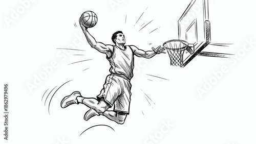 Action sketch of basketball player performing a dunk