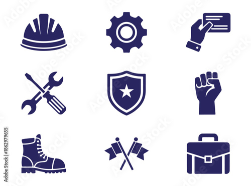 Set of blue icons representing various industrial and work elements isolated on transparent background