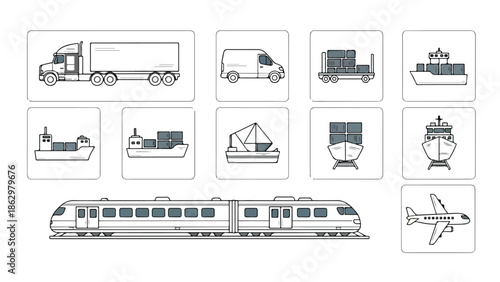 Collection of public transport and shipping icons