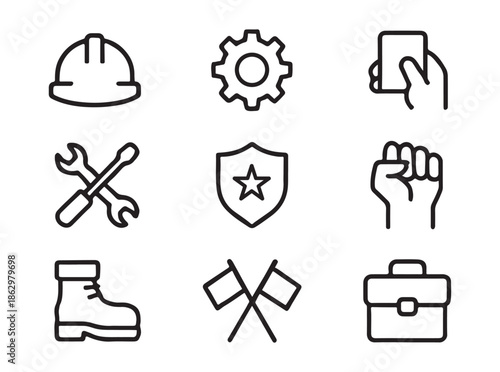 Set of simple line icons representing work and industry on white isolated on transparent background
