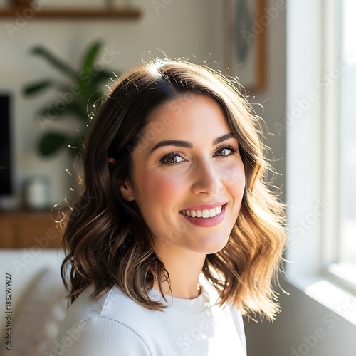 Radiant Woman Smiling by Window in Bright Home Setting.
