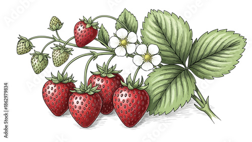 Botanical illustration of strawberry plant with ripe berries