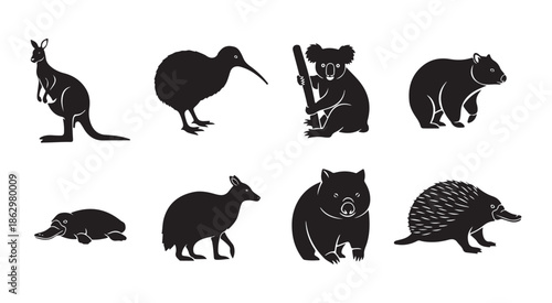 Australian animals silhouettes on transparent background