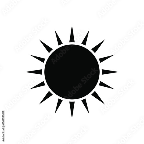 Black sun silhouette with sharp rays on white background