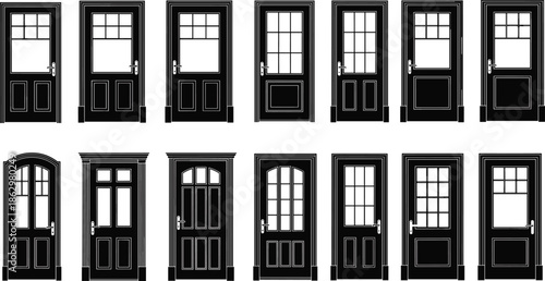 Classic black door silhouette icon set showing various wooden entrance designs for architecture construction real estate and graphic design projects