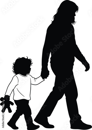Mother walking with child silhouette illustration showing parenthood family care love safety concept for lifestyle education and graphic design