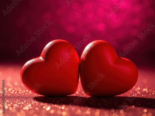 Two red hearts on a sparkling surface with a pink background for valentines day or love themed concepts and ideas