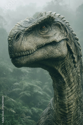 Dinosaur encounter in primeval forest with misty mountains in the background