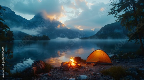 Solitary Orange Tent and Campfire by a Misty Mountain Lake at Twilight Photo