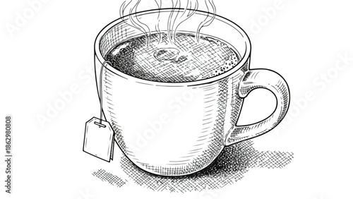 Artistic sketch of a hot tea mug with tea bag