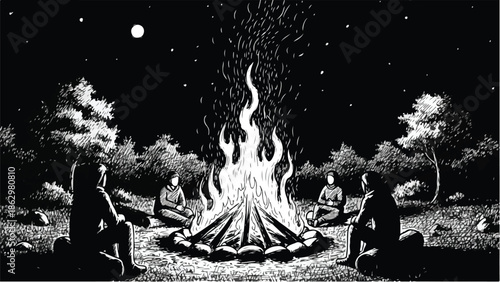 Outdoor campfire scene at night with group silhouette