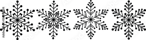 Black snowflake silhouette icon set featuring winter ice crystal ornaments for holiday decoration seasonal design and branding use