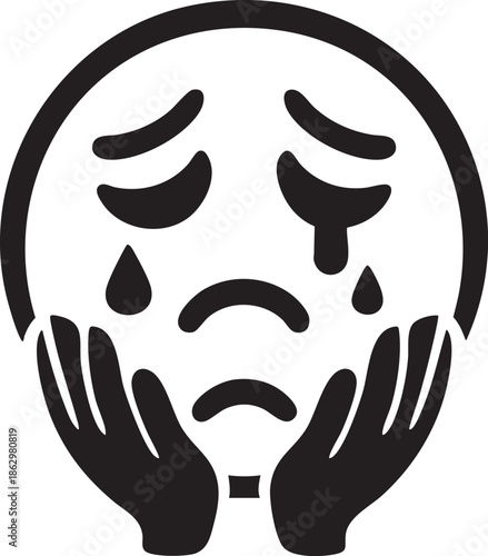 Sad Face Emoji with Tears and Hands on Cheeks – Black and White Line Art