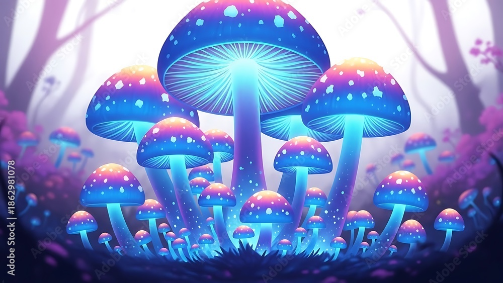 Fototapeta premium Glowing blue and pink mushrooms in a mystical forest with white spots on caps and stems