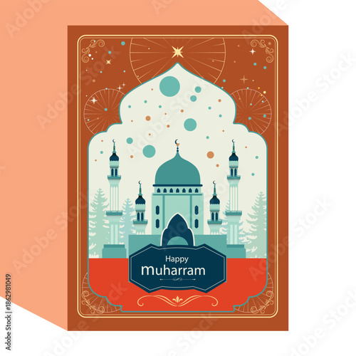 Vintage vector illustration of a landmark mosque in India featuring traditional architecture and cultural silhouette icons as a religious travel monument of Asia
