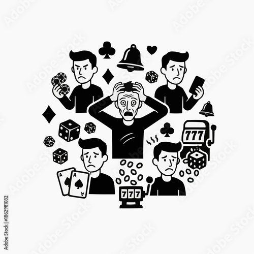 Gambling addiction concept with stressed individuals surrounded by casino icons