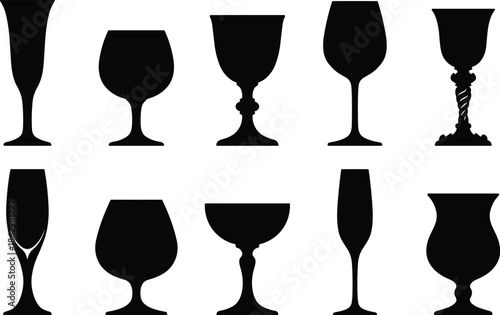 Black wine glass and goblet silhouettes set isolated on white background, elegant drinkware icons vector collection for bar menu design