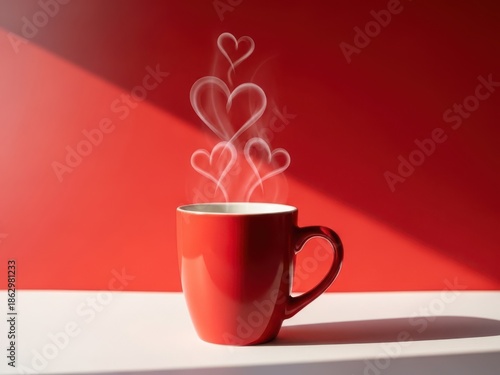 A red coffee mug with steam hearts on a red and white background