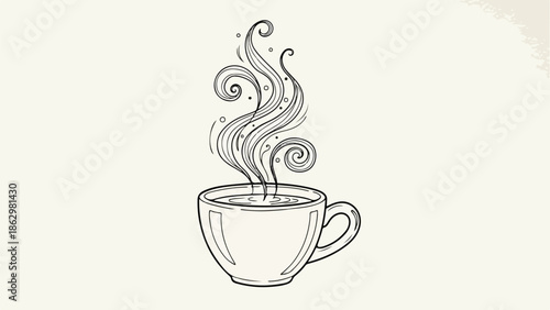 Artistic sketch of a steaming coffee cup with handle