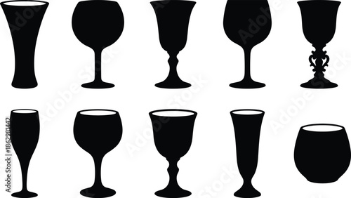 Black wine glass silhouettes set isolated on white background, elegant drinkware goblet icons vector collection for bar menu design use