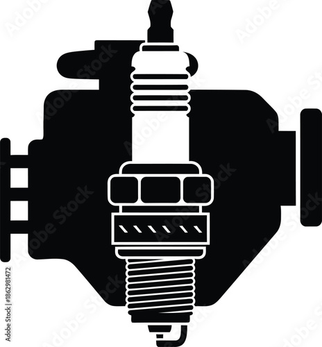 Car engine spark plug icon vector illustration, black silhouette of automotive motor ignition system part isolated on white background for garage maintenance and repair service.