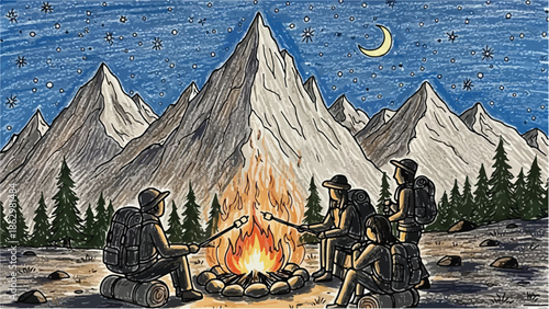 Night camping scene with group sitting by campfire