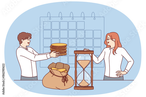 Payroll schedule near business people with money standing near calendar and hourglass. Office employees use salary schedule to ensure timely payments and increase financial stability of corporation