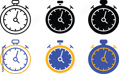 Professional Precision Stopwatch for Sports Training and Time Management Graphic Collection in Multiple Styles and Vibrant Color Palette Vector Silhouette, Pictogram and Line Icon Set.eps