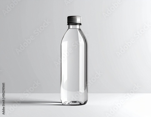 Transparente Wasserflasche aus Kunststoff vor neutralem Hintergrund, freigestellt