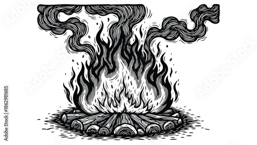 Dramatic charcoal drawing of intense wood campfire