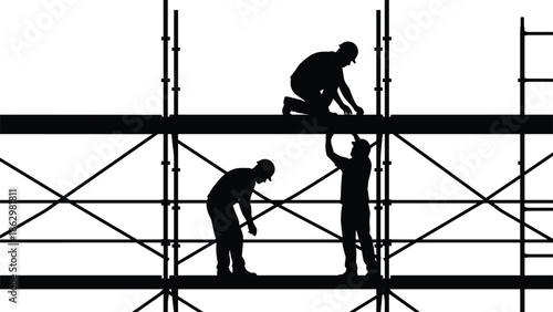 Construction worker silhouettes assembling scaffolding isolated on white background, building site teamwork safety labor industry vector illustration design concept graphic