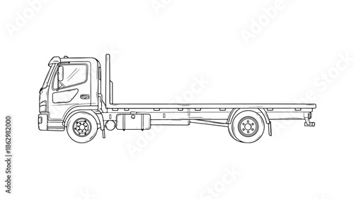 Simple line art sketch of a flatbed truck chassis