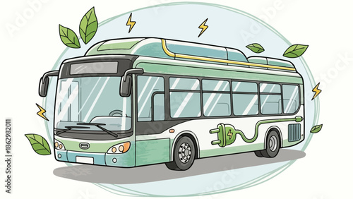 Eco friendly green city bus with floating leaves