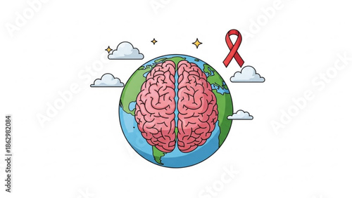 Awareness campaign for brain health and neurological disorders on a global scale with a red ribbon symbolizing support and hope with mental health