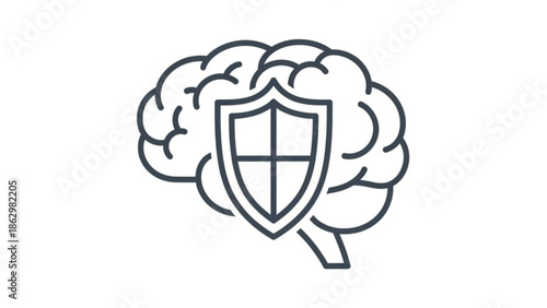 Brain protected by shield symbolizing security and defense concept with protection and safety and mind and intelligence and safeguard and icon