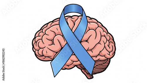 Brain awareness symbol with blue ribbon for alzheimer's, dementia and brain cancer support on white background with alzheimer s and health and medical