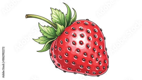 Close up colorful illustration of a single ripe strawberry