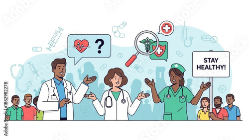 Medical professionals discussing health with people, stay healthy concept, doctors and nurse communicating with patients, wellness and medical care