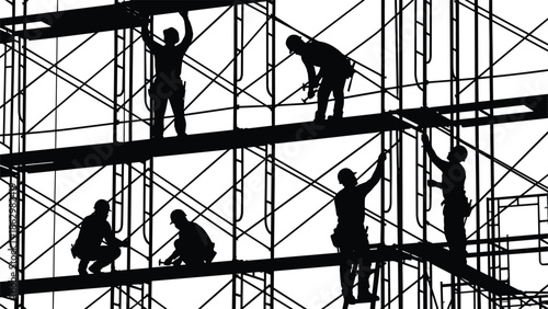 Construction worker silhouettes on scaffolding, industrial building site teamwork, safety labor concept, architecture engineering vector illustration isolated on white background