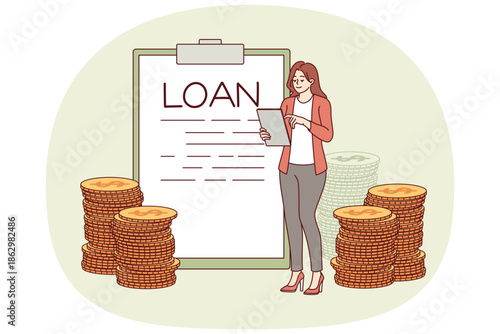 Loan contract in clipboard near woman taking credit for expenses or mortgage to buy real estate. Business girl lawyer checks loan documentation so as not to forget to make monthly payment.